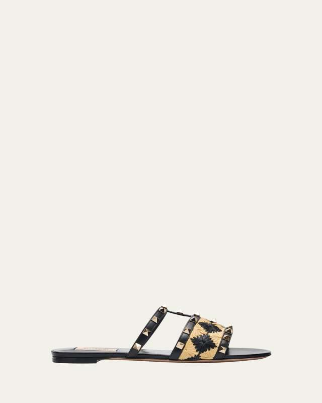 Rockstud Raffia Flat Slide Sandals